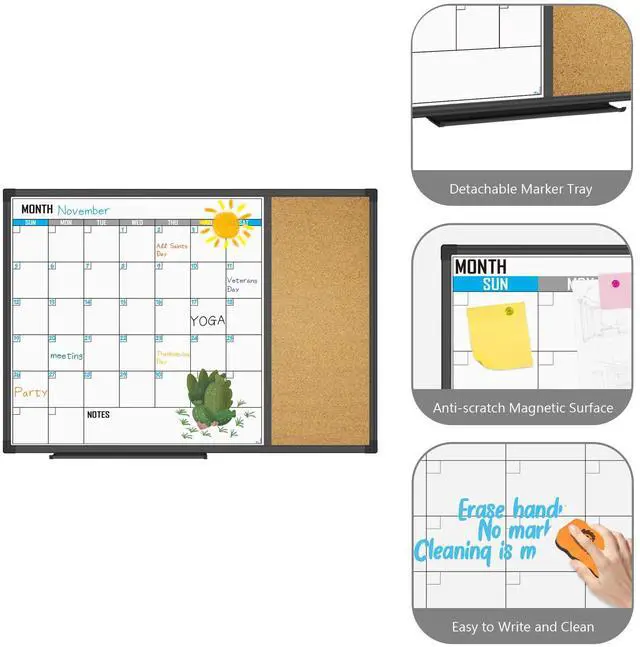 Alt view image 6 of 7 - XBoard Dry Erase Calendar Whiteboard 28 X 20 - Combo White Board Calendar Monthly, Magnetic White Board + Corkboard with Black Aluminum Frame