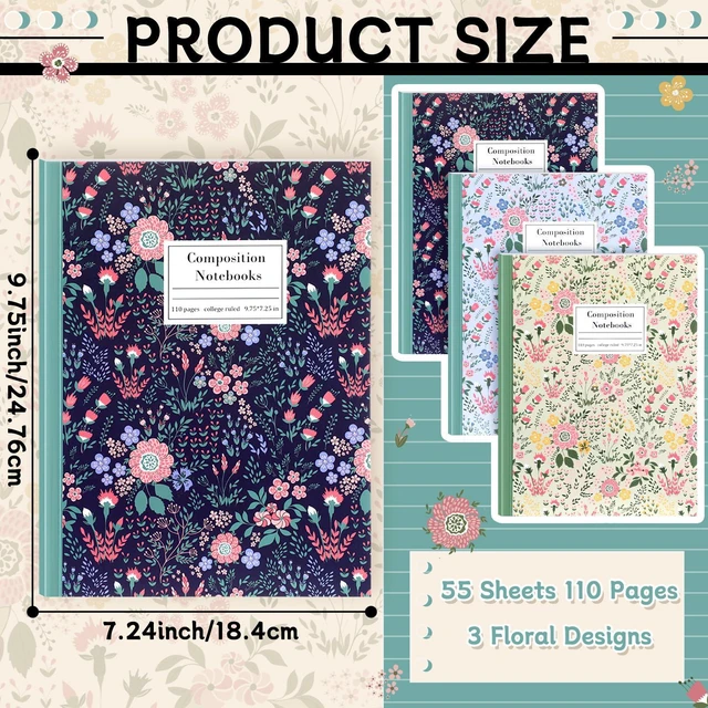 Alt view image 2 of 6 - 3 Pcs Wildflower Cute Composition Notebook College Ruled Bulk Back to School Supplies, 7-1/2" x 9-3/4", 110 Pages Each, Floral Aesthetic Composition Notebook, Office Teacher Student Gifts