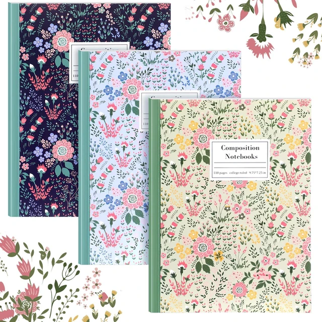 Main image of 3 Pcs Wildflower Cute Composition Notebook College Ruled Bulk Back to School Supplies, 7-1/2" x 9-3/4", 110 Pages Each, Floral Aesthetic Composition Notebook, Office Teacher Student Gifts