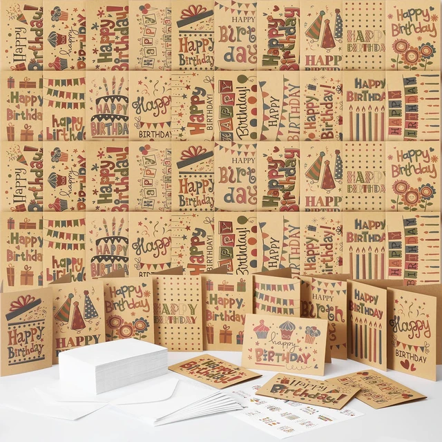 Main image of 200 Pack Happy Birthday Card Assorted Bulk with Blank Envelopes and Stickers 4 x 6 Inches Greeting Blank Happy Birthday Cards for Men Women Adults Kids, 20 Styles(Kraft Style)