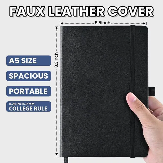 Alt view image 2 of 7 - Lined Journal Notebook, Leather Hardcover Journal for Work, School, Travel, 100 GSM Paper, 160 Pages, 5.5x8.3 Inch, College Ruled, Black, 6-Pack