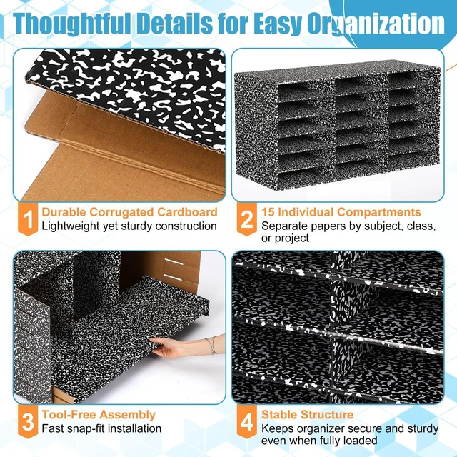 Alt view image 3 of 7 - 2 Pcs Classroom Construction Paper Storage,Black White Composition 18 Slot Compartments Desktop Scrapbook Organizer for Letter/A4 File Sorter, 14.2" H x 28.1" W x 12.4" D for School Office