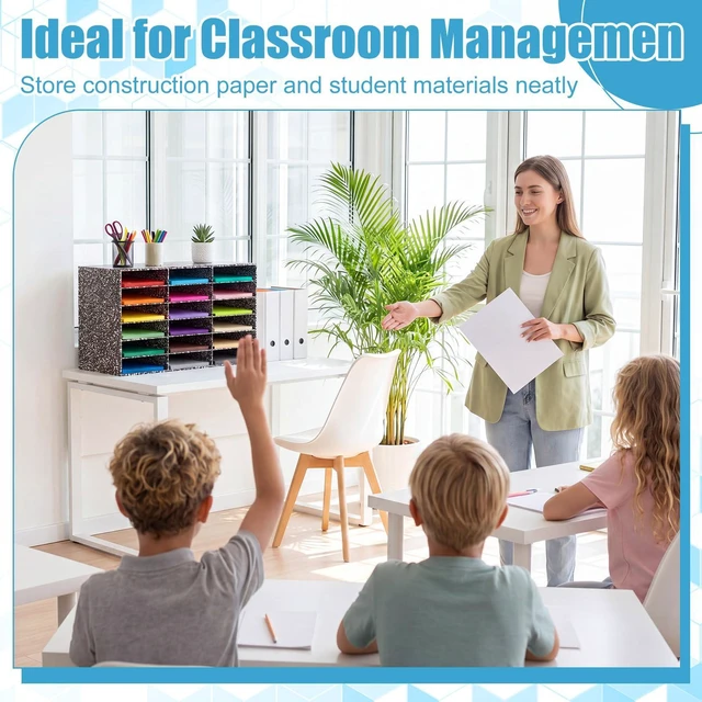 Alt view image 5 of 7 - 2 Pcs Classroom Construction Paper Storage,Black White Composition 18 Slot Compartments Desktop Scrapbook Organizer for Letter/A4 File Sorter, 14.2" H x 28.1" W x 12.4" D for School Office