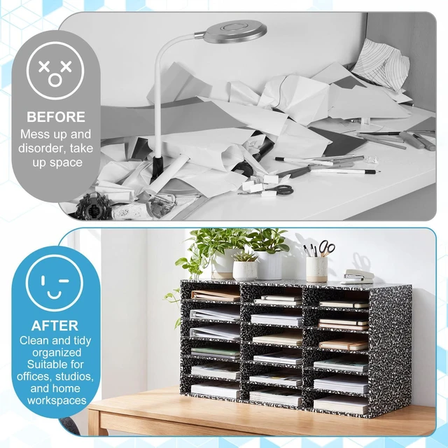 Alt view image 7 of 7 - 2 Pcs Classroom Construction Paper Storage,Black White Composition 18 Slot Compartments Desktop Scrapbook Organizer for Letter/A4 File Sorter, 14.2" H x 28.1" W x 12.4" D for School Office