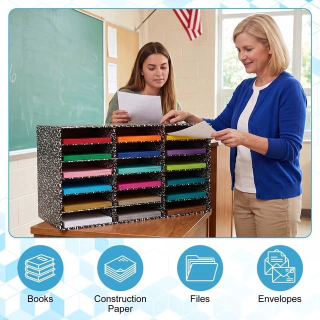 Alt view image 6 of 7 - 2 Pcs Classroom Construction Paper Storage,Black White Composition 18 Slot Compartments Desktop Scrapbook Organizer for Letter/A4 File Sorter, 14.2" H x 28.1" W x 12.4" D for School Office