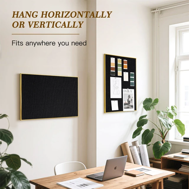 Alt view image 5 of 7 - Linen Bulletin Board, 30"x20" Decorative Fabric Pin Board Vision Board Gold Aluminum Frame, Upgraded Black Canvas Surface, Wall Mounted, for Home Office Bedroom Dorm Wall Decor