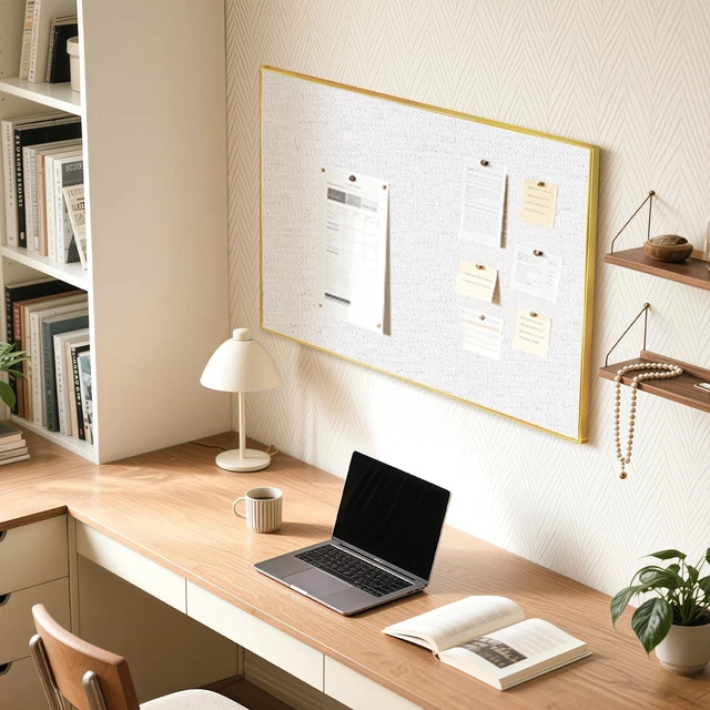 Alt view image 7 of 7 - Linen Bulletin Board, 30"x20" Decorative Fabric Pin Board Vision Board Gold Aluminum Frame, Upgraded White Canvas Surface, Wall Mounted, for Home Office Bedroom Dorm Wall Decor
