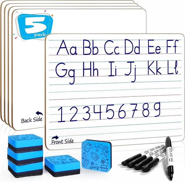 Main image of Lined Dry Erase Boards with Markers and Eraser 5 Pack, 9x12 Ruled Practice Surface, Markers And Erasers Included, No Ghosting Or Staining, Great For Homeschool And Classroom Use