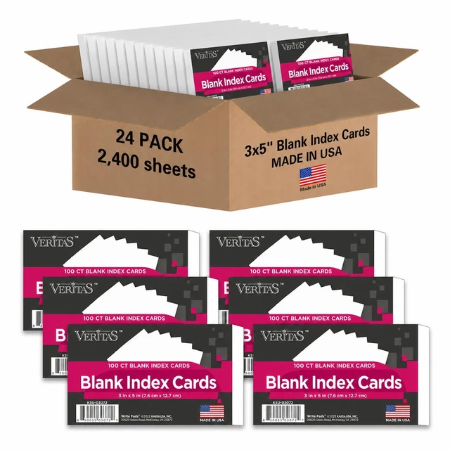 Main image of 3x5 Blank Index Cards, 2400 Count Bulk Pack, Heavyweight Flash Cards and Notecards for Studying, Classroom, Home and Office, 24 Packs of 100, Made in USA