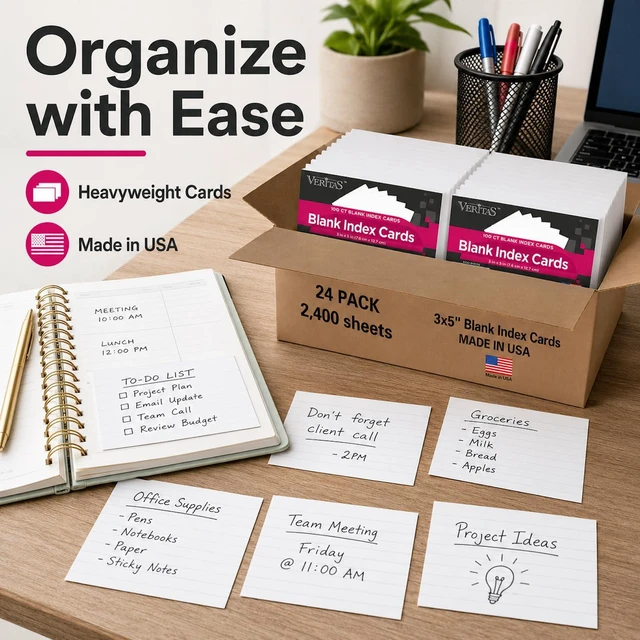Alt view image 6 of 7 - 3x5 Blank Index Cards, 2400 Count Bulk Pack, Heavyweight Flash Cards and Notecards for Studying, Classroom, Home and Office, 24 Packs of 100, Made in USA