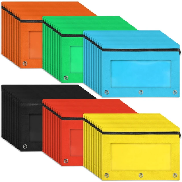Main image of 72 Pack Pencil Pouch for 3 Ring Binder 6 Colors for School Office Supplies Pencil Pouch for 3 Ring Binder in 6 Assorted Color, Smooth Zipper Pouch Bulk for School and Office Supplies with Clear Window