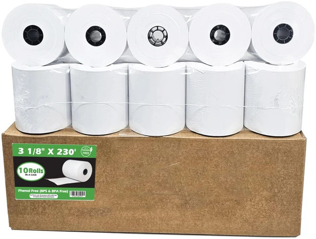 Main image of Phenol Free Thermal Paper (10 Rolls - 60 GSM) 3 1/8 x 230 Receipt Rolls fits all Clover POS Cash Register Printers, Star Micronics SCP700 TSP100 TSP300 TSP400 (BPA & BPS Free) from