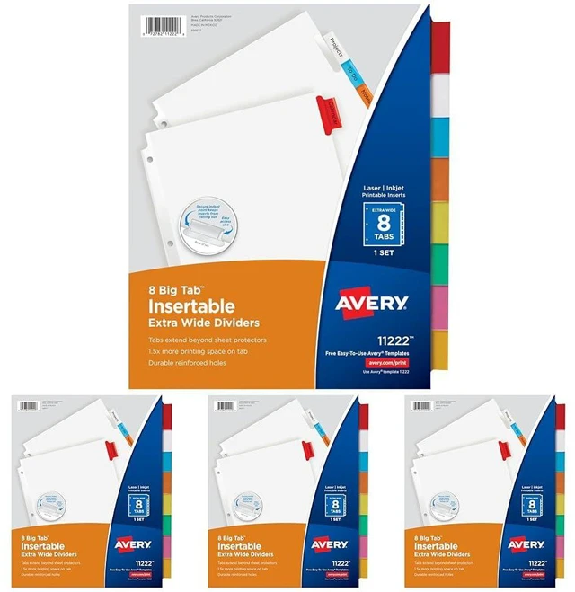 Main image of Big Tab Insertable Extra Wide Dividers, 8 Multicolor Tabs, 1 Set (11222) (Pack of 4)