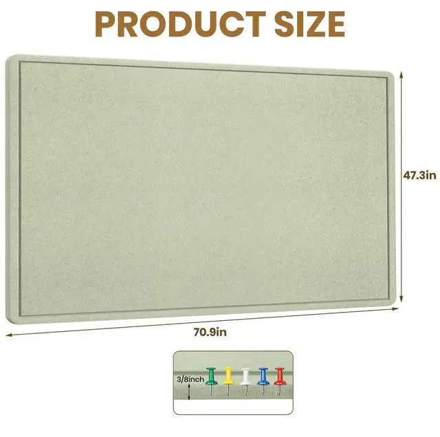 Alt view image 3 of 7 - Large Bulletin Board 72" x 48" Felt Cork Board - Decor Pin Board, Sage Cork Board Alternative for Wall, Foldable Self-Adhesive Vision Board Prayer Board with Pushpins for Home Office Classroom