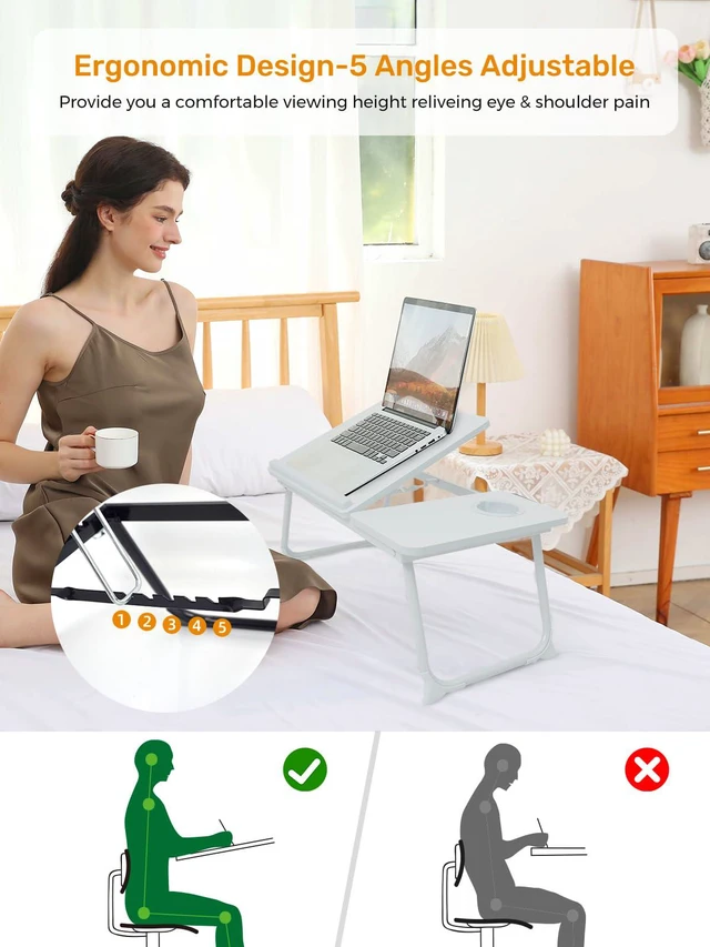 Alt view image 3 of 7 - Lap Desk for Couch/Sofa/Floor, 5-Angle Adjustable Bed Desk with Foldable Legs &Cup Holder, Light Weight Bed Tray Table for Writing/Eating/Reading, Portable Laptop Stand for Adults, Kids