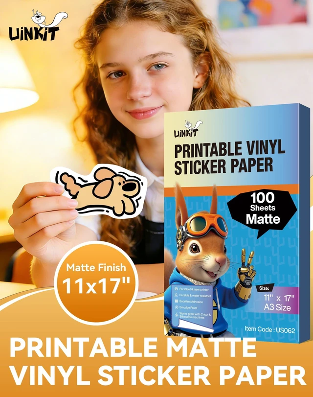Alt view image 2 of 7 - Matte Printable Vinyl Sticker Paper 100 Sheets 11" x 17" Waterproof Tear-Resistant Decals for Crafts, Labels & Small Projects with Inkjet & Laser Printers