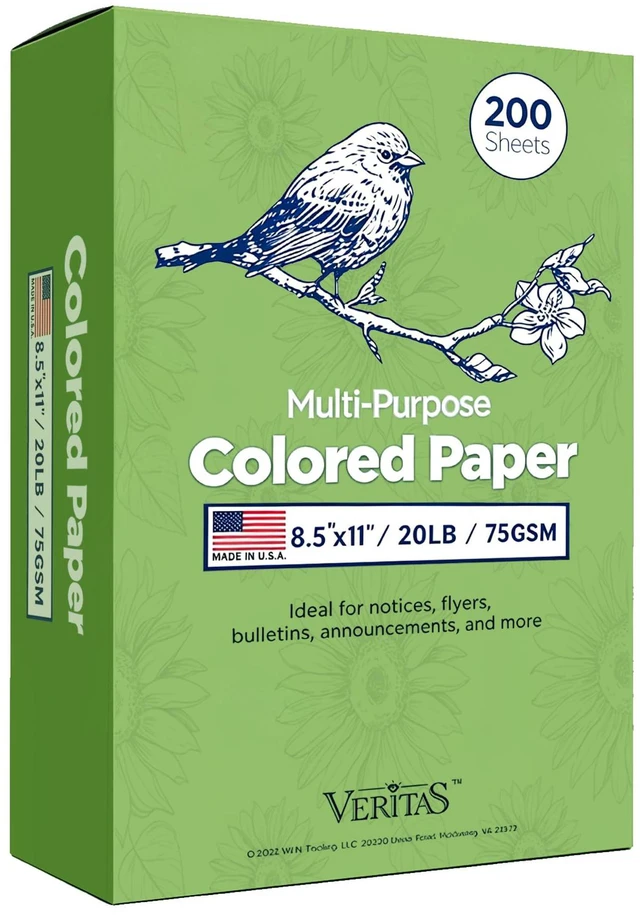 Main image of Veritas Colored Copy Paper, Green Colored Printer Paper 8.5 x 11, 20 lb / 75 GSM, 200 Sheets (1 Reams) Computer Paper, Multi-Purpose paper, Made in USA