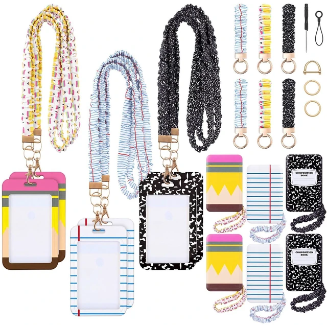 Main image of 6 Packs Teacher Scrunchie Lanyard with ID Holder Keychain Set Back to School Scrunchie Lanyard, Breakaway Teacher Lanyards, Wristlet Keychain Key Rings Set, Pencil and Composition Paper