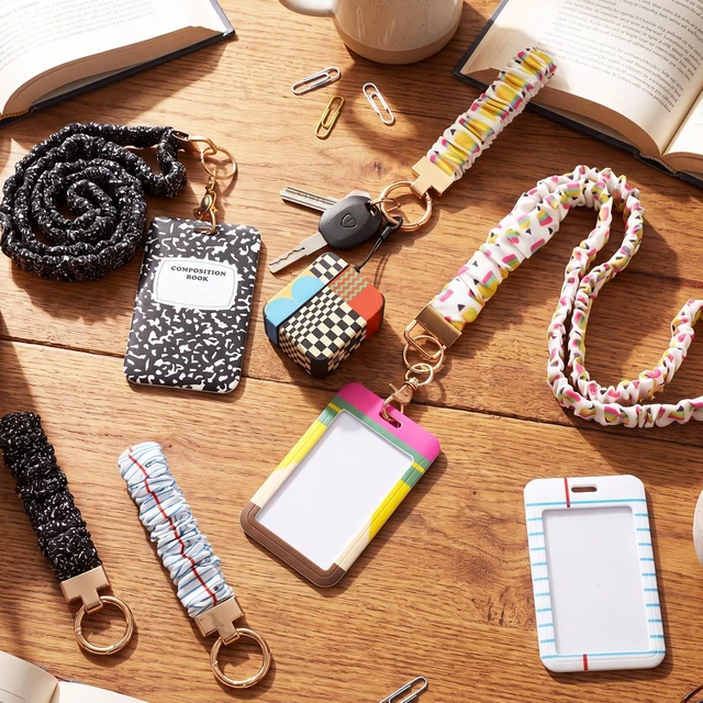 Alt view image 5 of 7 - 6 Packs Teacher Scrunchie Lanyard with ID Holder Keychain Set Back to School Scrunchie Lanyard, Breakaway Teacher Lanyards, Wristlet Keychain Key Rings Set, Pencil and Composition Paper