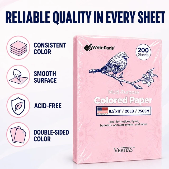 Alt view image 2 of 7 - Veritas Pink Copy Paper, 8.5 x 11 Inches, 20LB/75GSM Colored Printer Paper, 200 Sheets, Multipurpose Paper for Laser and Inkjet Printers, Office and School, Made in USA