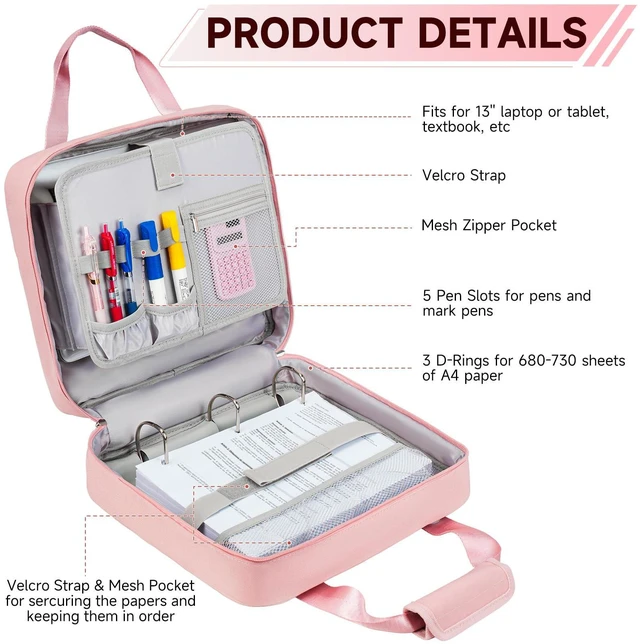 Alt view image 3 of 7 - 3 Ring Zipper Binder Bag, 3 Inch D-Ring 700 Sheet Capacity, Portable File Organizer with Removable Shoulder Strap & Multiple Pockets for School Office Travel Summer Study Back to School,Pink