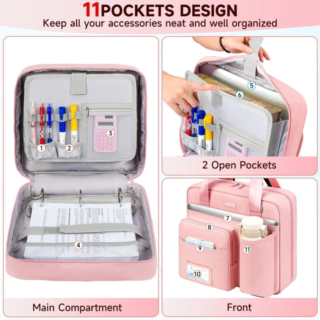Alt view image 4 of 7 - 3 Ring Zipper Binder Bag, 3 Inch D-Ring 700 Sheet Capacity, Portable File Organizer with Removable Shoulder Strap & Multiple Pockets for School Office Travel Summer Study Back to School,Pink