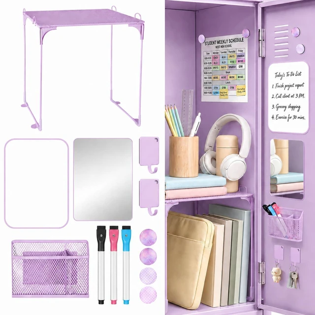 Main image of 13 PCS Locker Accessories Purple Locker Organizer & Decorations Locker Decor, Folding Locker Shelf, Magnetic Locker Mirror, Whiteboard, Pen Holder, Dry Erase Markers, Hooks, Magnets