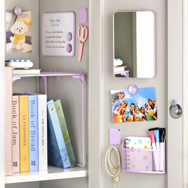 Alt view image 2 of 7 - 13 PCS Locker Accessories Purple Locker Organizer & Decorations Locker Decor, Folding Locker Shelf, Magnetic Locker Mirror, Whiteboard, Pen Holder, Dry Erase Markers, Hooks, Magnets