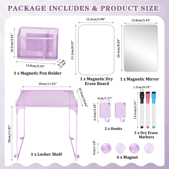 Alt view image 4 of 7 - 13 PCS Locker Accessories Purple Locker Organizer & Decorations Locker Decor, Folding Locker Shelf, Magnetic Locker Mirror, Whiteboard, Pen Holder, Dry Erase Markers, Hooks, Magnets