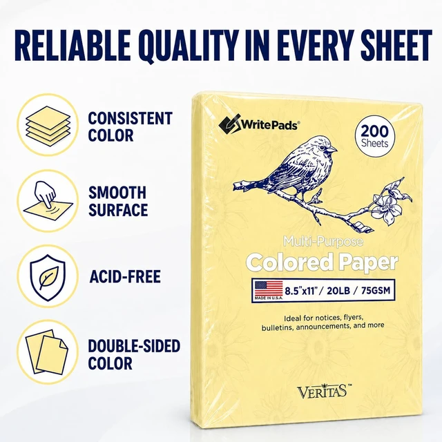 Alt view image 2 of 7 - Veritas Canary Yellow Copy Paper, 8.5 x 11 Inches, 20LB/75GSM Colored Printer Paper, 200 Sheets, Multipurpose Paper for Laser and Inkjet Printers, Office and School, Made in USA