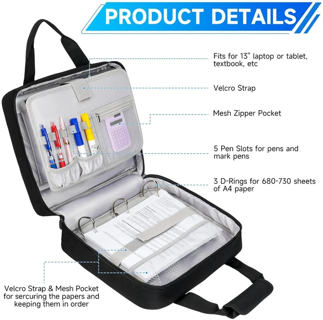 Alt view image 3 of 7 - 3 Ring Zipper Binder Bag, 3 Inch D-Ring 700 Sheet Capacity, Portable File Organizer with Removable Shoulder Strap & Multiple Pockets for School Office Travel Summer Study Back to School,Black