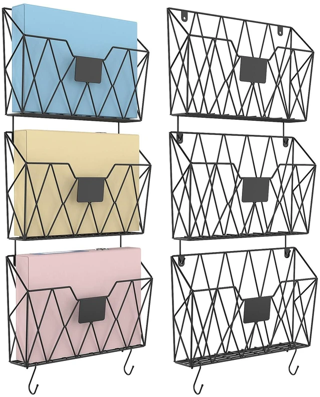 Main image of Wall File Organizer Mesh Hanging Wall Files Holder 6 Pack, Black Hanging Wire Magazine Rack, Mail Holder with Hooks, Office Wall Organizer, For Papers Folders Files Clipboard