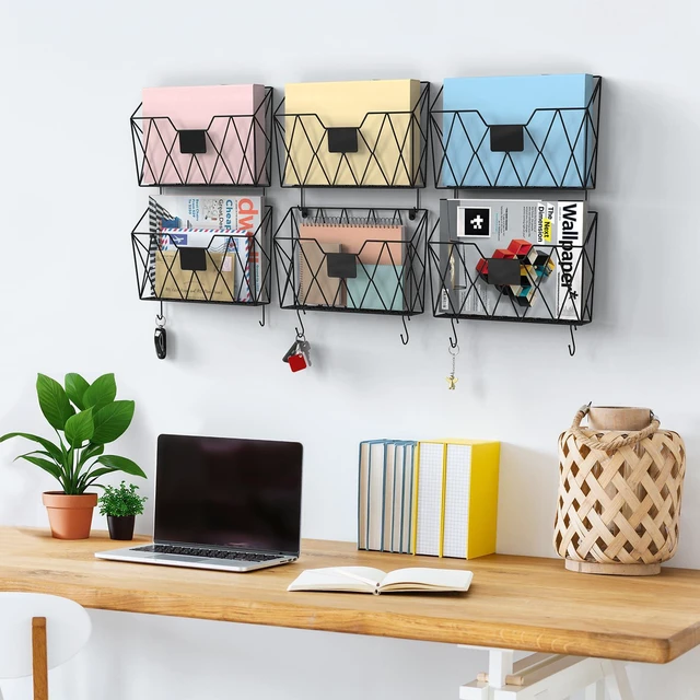 Alt view image 2 of 7 - Wall File Organizer Mesh Hanging Wall Files Holder 6 Pack, Black Hanging Wire Magazine Rack, Mail Holder with Hooks, Office Wall Organizer, For Papers Folders Files Clipboard