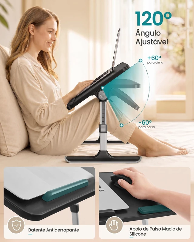 Alt view image 3 of 6 - Bed Laptop Desk, Adjustable, 6 Heights, 20.5 x 11.8 Inches Portable Foldable Bed Table, for Bedroom and Living Room, Ink Black, ISLAND Collection ULLD117B101