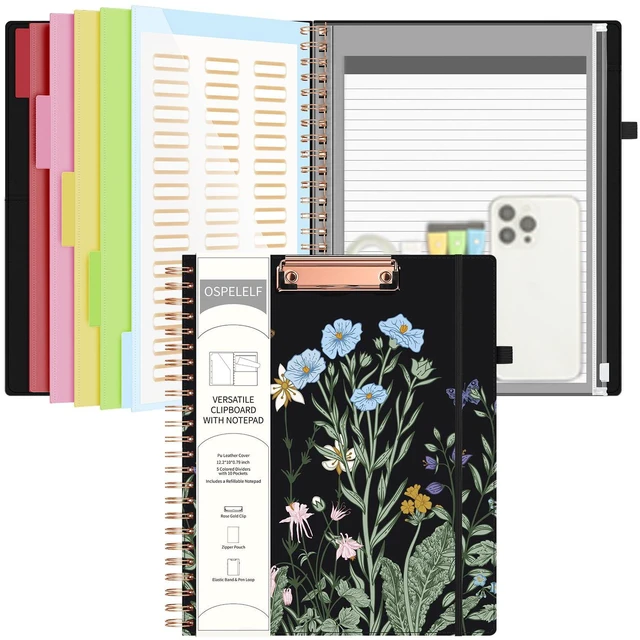 Main image of Foldable Spiral Clipboard Folio with with Storage Zipper Pouch, Leather Clipboard Folder with Notepad, 5 Plastic Folders with 10 Pockets, 39 Divider Label Stickers, Pen Loop Series (Bushes)