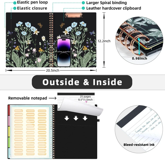 Alt view image 3 of 6 - Foldable Spiral Clipboard Folio with with Storage Zipper Pouch, Leather Clipboard Folder with Notepad, 5 Plastic Folders with 10 Pockets, 39 Divider Label Stickers, Pen Loop Series (Bushes)