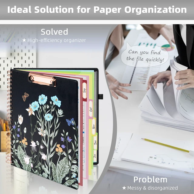 Alt view image 5 of 6 - Foldable Spiral Clipboard Folio with with Storage Zipper Pouch, Leather Clipboard Folder with Notepad, 5 Plastic Folders with 10 Pockets, 39 Divider Label Stickers, Pen Loop Series (Bushes)