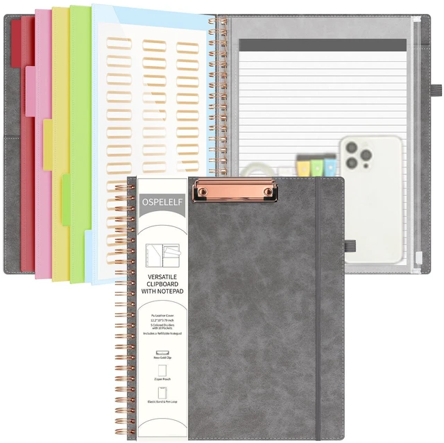Main image of Grey Foldable Clipboard Folio with with Storage Zipper Pouch, Leather Spiral Clipboard Folder with Notepad, 5 Plastic Folders with 10 Pockets, 39 Divider Label Stickers, Pen Loop Series