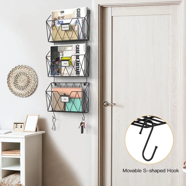 Alt view image 6 of 7 - Wall File Organizer Mesh Hanging Wall Files Holder 6 Pack, Black Hanging Wire Magazine Rack, Mail Holder with Hooks, Office Wall Organizer, For Papers Folders Files Clipboard