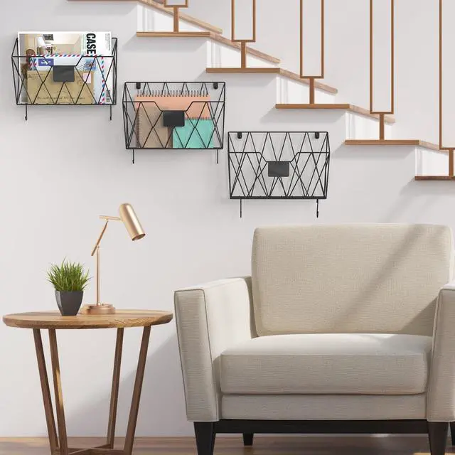 Alt view image 7 of 7 - Wall File Organizer Mesh Hanging Wall Files Holder 6 Pack, Black Hanging Wire Magazine Rack, Mail Holder with Hooks, Office Wall Organizer, For Papers Folders Files Clipboard