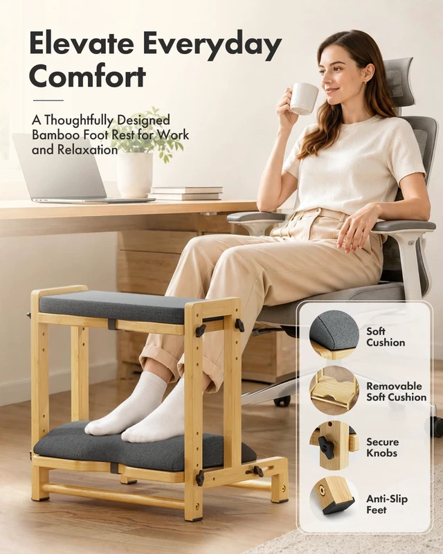 Alt view image 2 of 7 - Double Step Foot Rest for Under Desk, 4 Adjustable Heights Bamboo Under Desk footrest with Soft Cushion, Dual-Layer Desk Foot Stool for Office Home Gaming, Natural Wood Foot Rests for Work