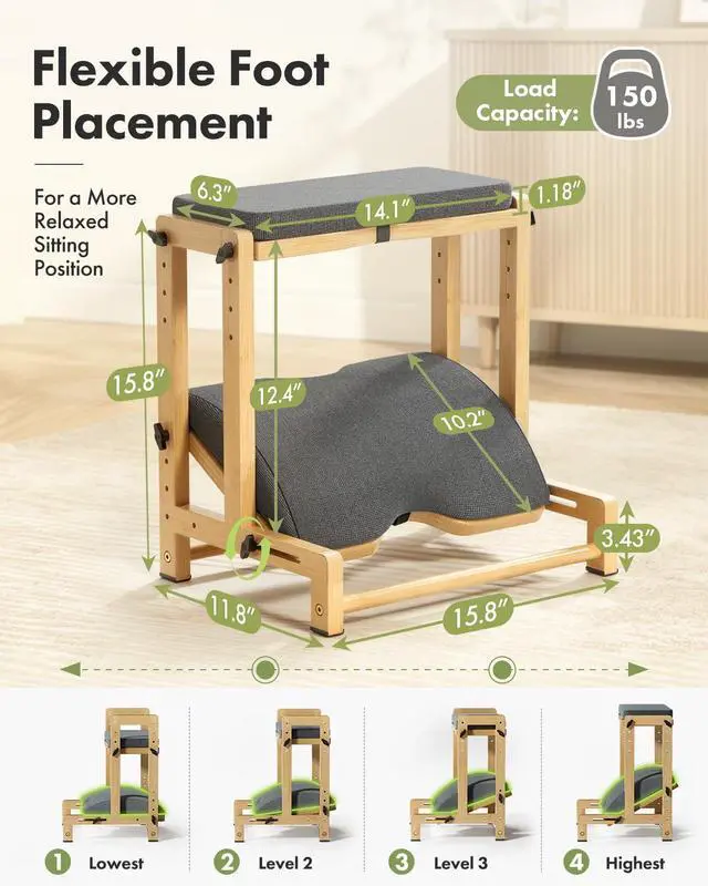 Alt view image 3 of 7 - Double Step Foot Rest for Under Desk, 4 Adjustable Heights Bamboo Under Desk footrest with Soft Cushion, Dual-Layer Desk Foot Stool for Office Home Gaming, Natural Wood Foot Rests for Work