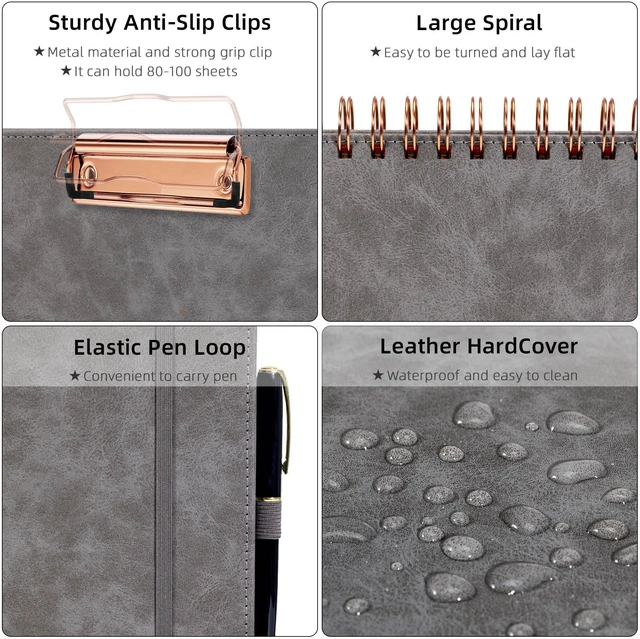 Alt view image 4 of 6 - Grey Foldable Clipboard Folio with with Storage Zipper Pouch, Leather Spiral Clipboard Folder with Notepad, 5 Plastic Folders with 10 Pockets, 39 Divider Label Stickers, Pen Loop Series