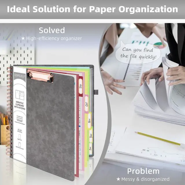 Alt view image 5 of 6 - Grey Foldable Clipboard Folio with with Storage Zipper Pouch, Leather Spiral Clipboard Folder with Notepad, 5 Plastic Folders with 10 Pockets, 39 Divider Label Stickers, Pen Loop Series