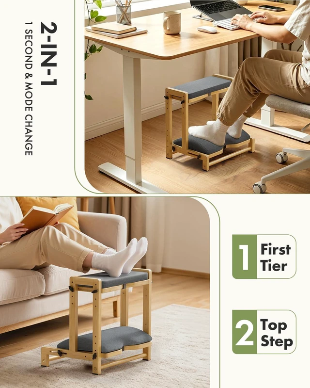 Alt view image 5 of 7 - Double Step Foot Rest for Under Desk, 4 Adjustable Heights Bamboo Under Desk footrest with Soft Cushion, Dual-Layer Desk Foot Stool for Office Home Gaming, Natural Wood Foot Rests for Work