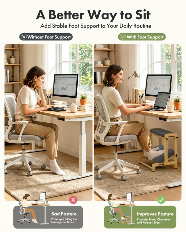Alt view image 6 of 7 - Double Step Foot Rest for Under Desk, 4 Adjustable Heights Bamboo Under Desk footrest with Soft Cushion, Dual-Layer Desk Foot Stool for Office Home Gaming, Natural Wood Foot Rests for Work