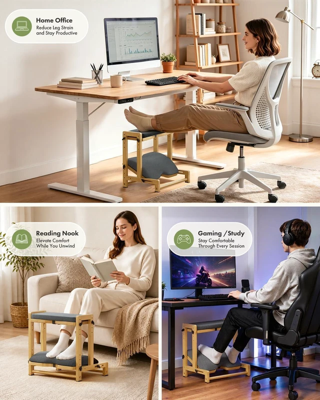 Alt view image 7 of 7 - Double Step Foot Rest for Under Desk, 4 Adjustable Heights Bamboo Under Desk footrest with Soft Cushion, Dual-Layer Desk Foot Stool for Office Home Gaming, Natural Wood Foot Rests for Work