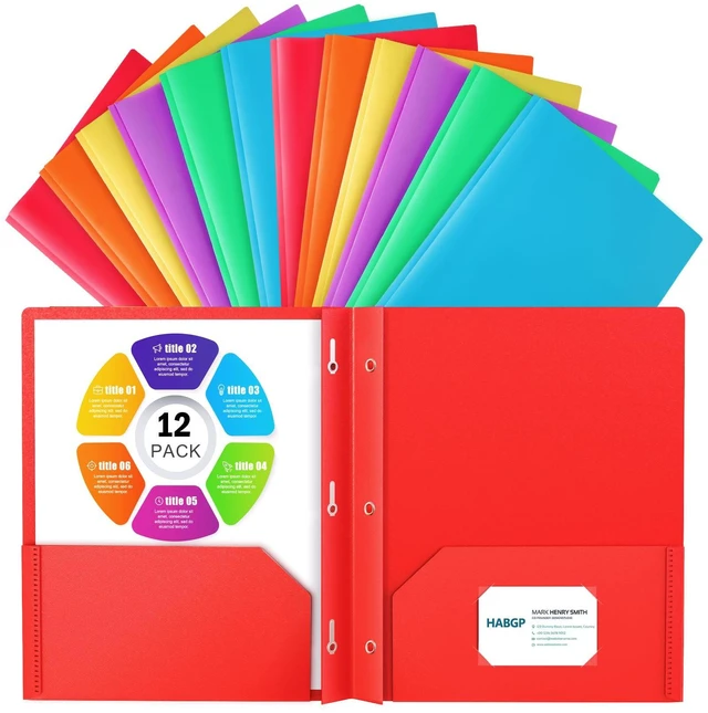Main image of 12 Folders with Pockets and Prongs, 2 Pocket 3 Prong Folder, Plastic Folder 12 Pack, 6 Bright Colors, Business Card Holder, Heavy Duty File Folders, for Documents, Business, Office, School Supplies