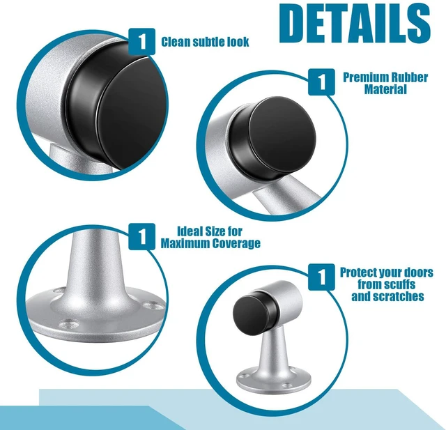 Alt view image 3 of 6 - 8 Pack Heavy Duty Floor Mounted Door Stop 3 in Aluminum Commercial Grade Door Stopper with Rubber Bumper & Stainless Steel Screws (Silver)