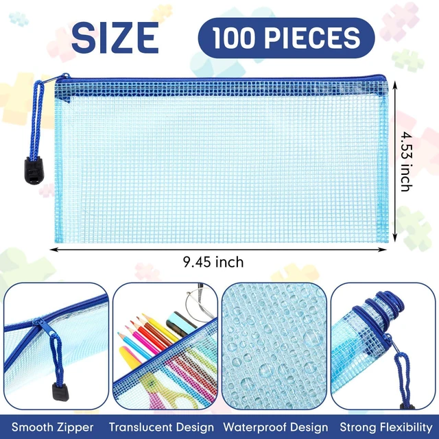 Alt view image 2 of 7 - 100Pcs Mesh Pencil Pouch,Blue,A6 Small Zipper Pencil Pouches Bulk, Waterproof Clear Storage Bag, Multipurpose for Cash Board Game Passport Office